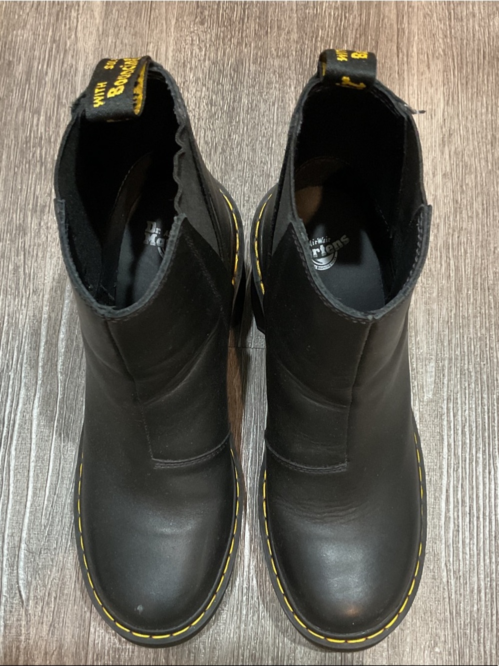 Authentic 💯 DOC MARTENS Black Heeled Chelsea Boots with Yellow Stitching - Women - Picture 3 of 14
